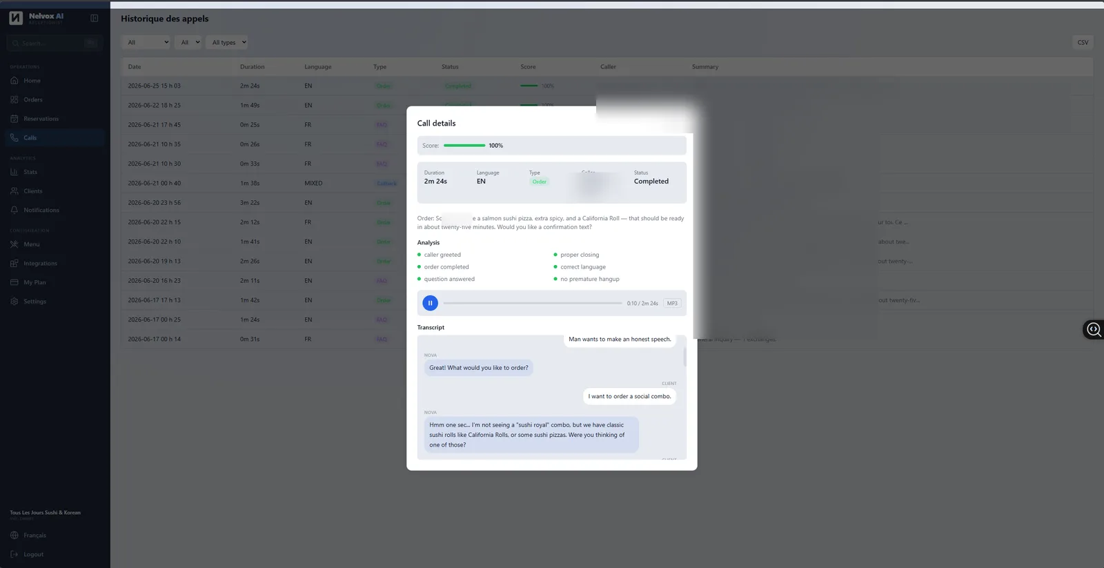 Détail d'un appel Nova : score qualité, analyse et transcription
