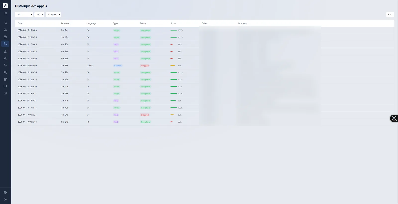Historique des appels Nova avec langue, type, statut et score